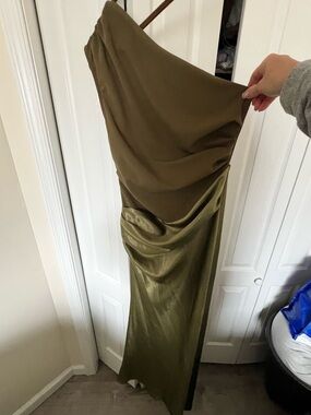 Olive Green Draped Satin Maxi Skirt